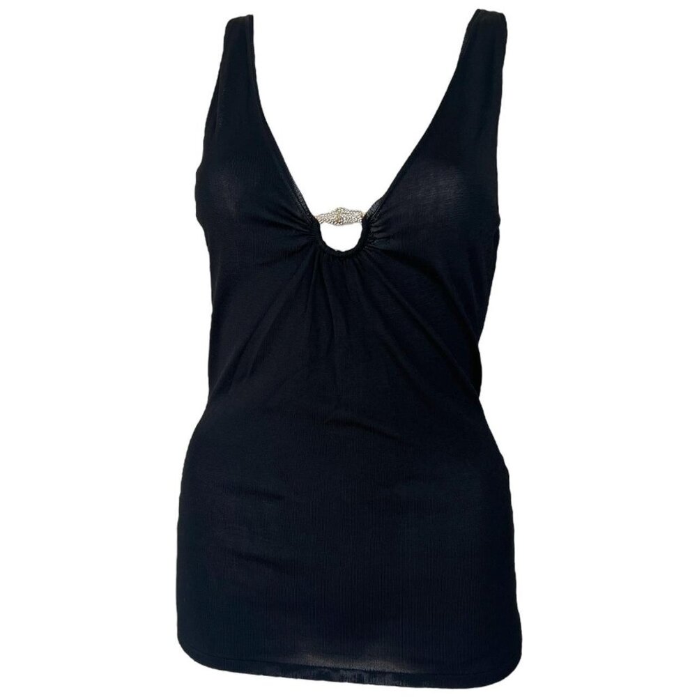 Vintage Gucci S/S 2006 black semi-sheer knit tank with pavé bamboo